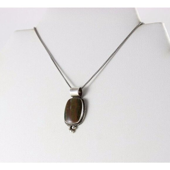 Sterling Silver Brown and Green Ocean Jasper Necklace 18 inch chain - Picture 3 of 5